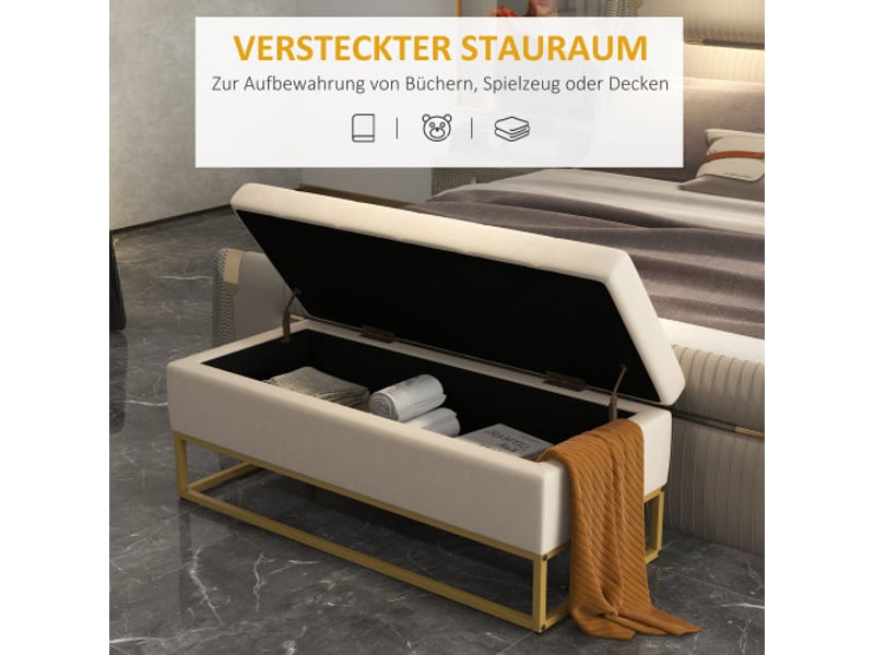 Banc coffre beige effet velours, couvercle rabattable, pieds en acier, 110x44x49 cm, entrée et salon  - Conforama C