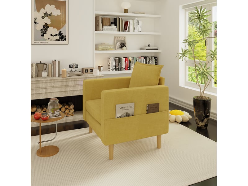  Fauteuil scandinave 71x68x82 cm, poche de rangement, coussin, canapé 1 place, pour salon, chambre, tissu chenille jaune  - Conforama E