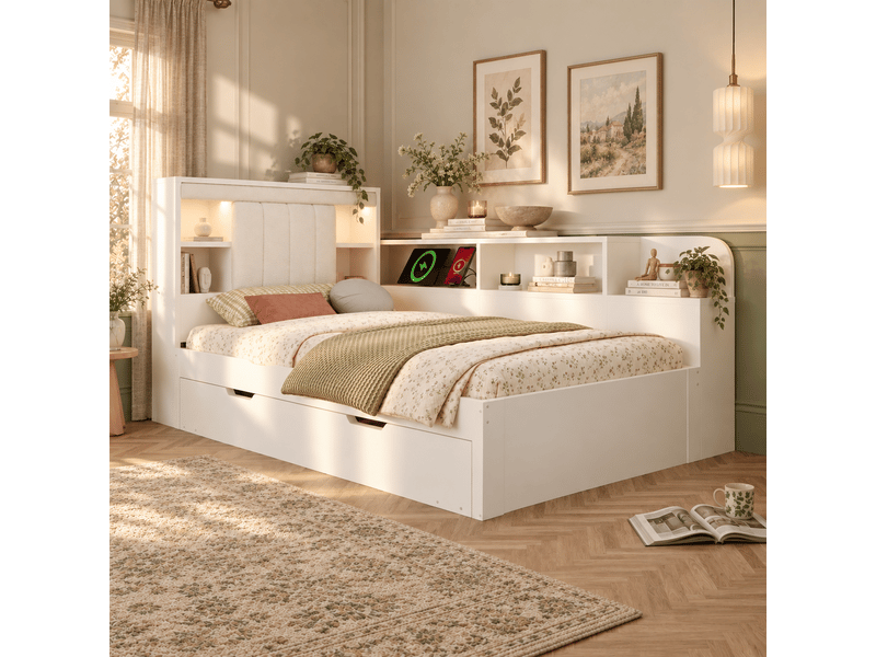Lit gigogne blanc 90x190 cm avec liseuses, rangements, usb et type-c Fay Lum - Conforama D