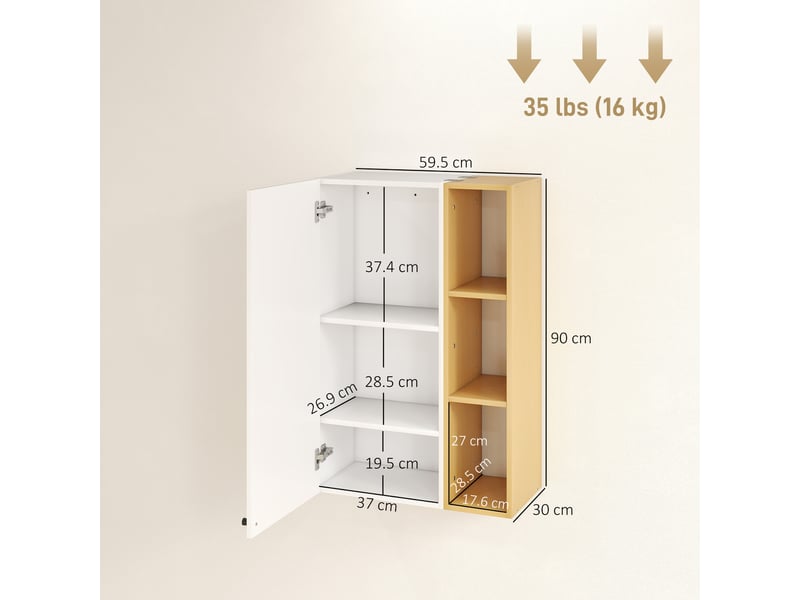 Meuble de salle de bain mural avec étagères réglables et 3 étagères ouvertes, 59,5 x 30 x 90 cm, blanc et bois - Conforama C