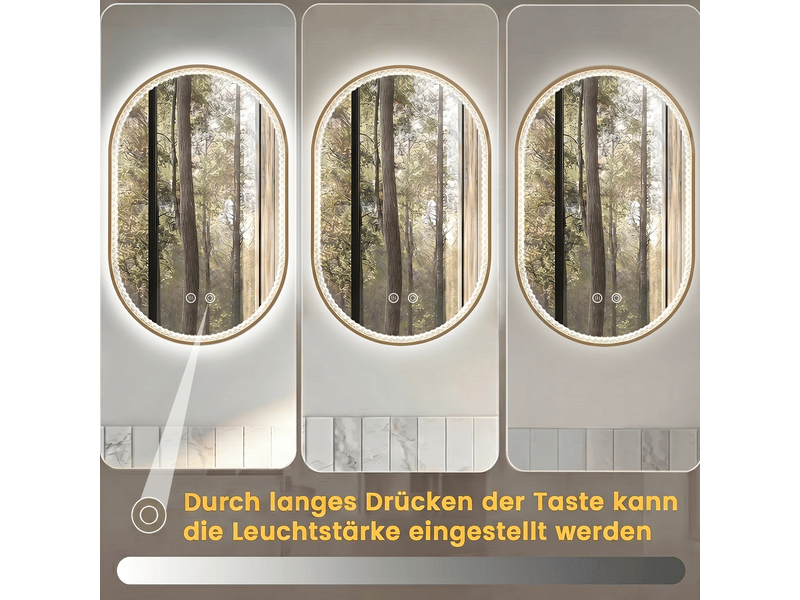  Miroir de salle de bains ovale led 50 x 80 cm doré, cadre en alliage d'aluminium brossé, éclairage réglable  - Conforama E