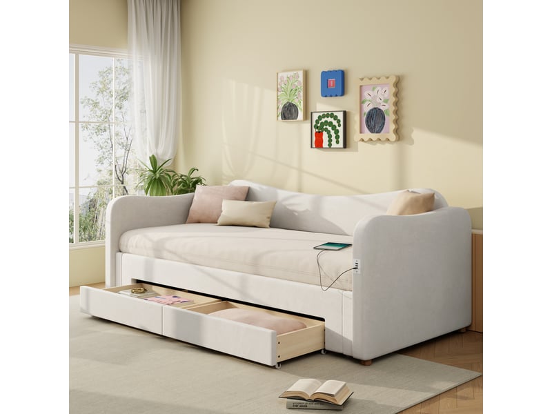 Lit banquette extensible 90 x 200 à 180 x 200 cm en velours beige avec 2 tiroirs, ports usb type-c, canapé-lit de jour rangement salon - Conforama D