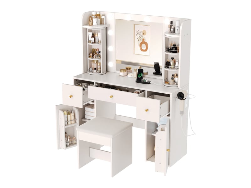  Coiffeuse avec miroir led dimmable, organisateur de bijoux rotatif, 3 tiroirs, 2 armoires, chargeur usb-c, blanc, 115x40x142 cm  - Conforama A