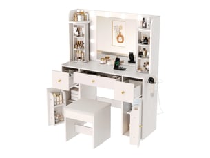 Coiffeuse avec miroir led dimmable, organisateur de bijoux rotatif, 3 tiroirs, 2 armoires, chargeur usb-c, blanc, 115x40x142 cm