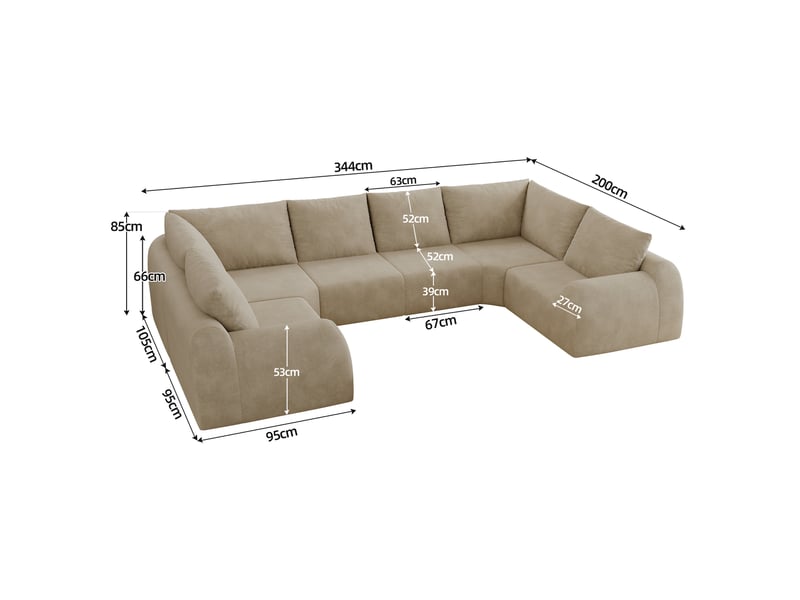  Canapé panoramique en u 6 places avec mousse haute élasticité, sans montage, en chenille kaki 344 × 200 × 85 cm  - Conforama C