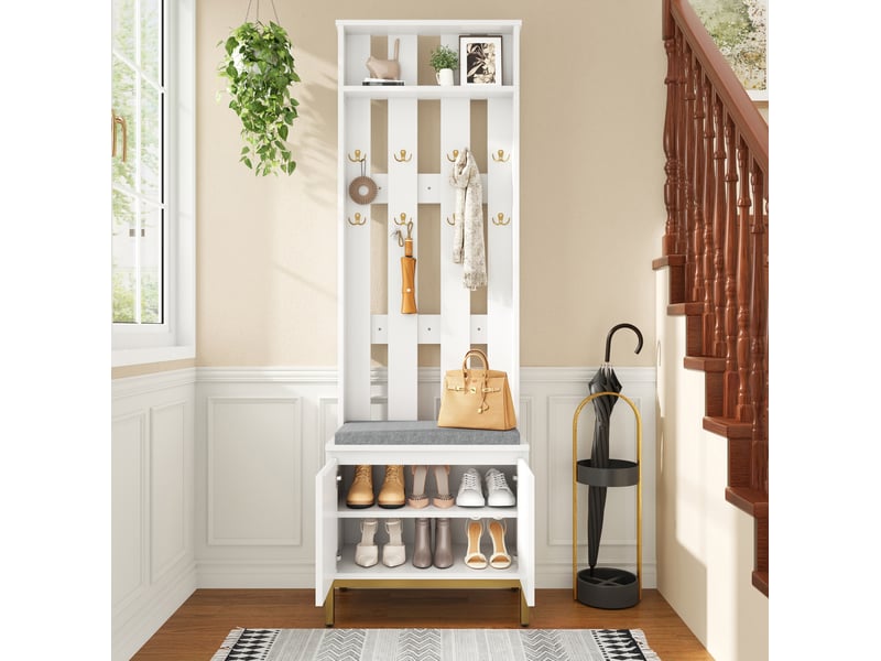 Vestiaire d’entrée avec banc, chaussures et led 60x35,5x191,5 cm blanc - Conforama B