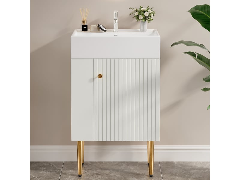 Meuble vasque salle de bain blanc 55 cm avec lavabo intégré - Conforama B