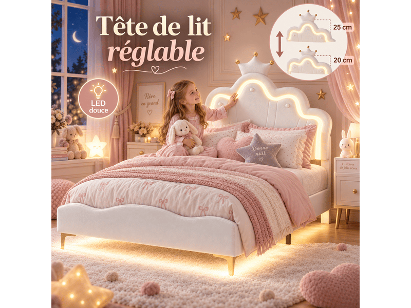  Lit fille 140x190cm avec sommier led réglables - lit simpledouble enfant avec tête de lit réglable en hauteur - sommier à lattes - lit 140x190 cm - lumineuse led - lit fille avec tête de lit réglable - lit princesse en forme cou…  - Conforama C