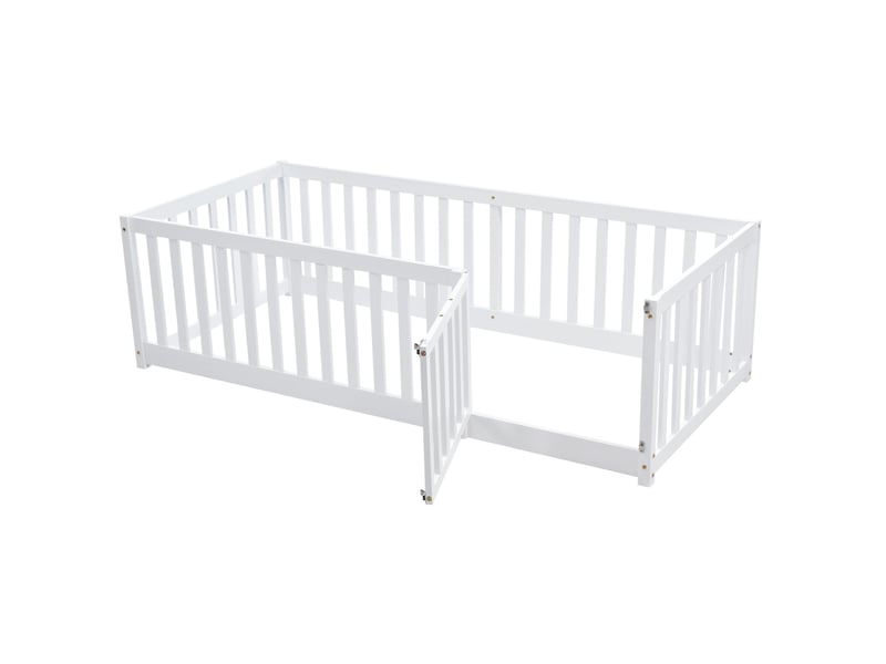  Modenvie lit enfant au sol 90x200 cm - barrière en pin massif et porte, sans sommier - blanc  - Conforama A