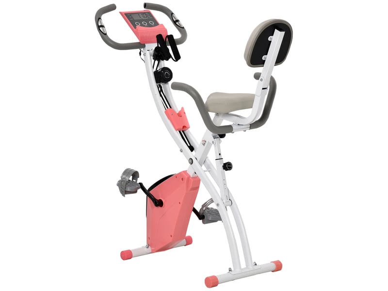 Vélo appartement pliable, home trainer adultes, 8 résistances magnétiques, pouls main, lcd multifonction, selle réglable, acier, roseblanc. - Conforama A