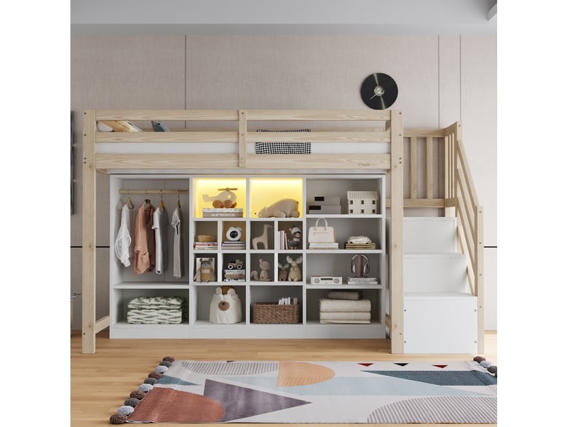 Lit mezzanine 90x200 cm, avec éclairage led, échelle latérale intégrée, armoire, espace de rangement, bois et mdf blanc naturel - Conforama D
