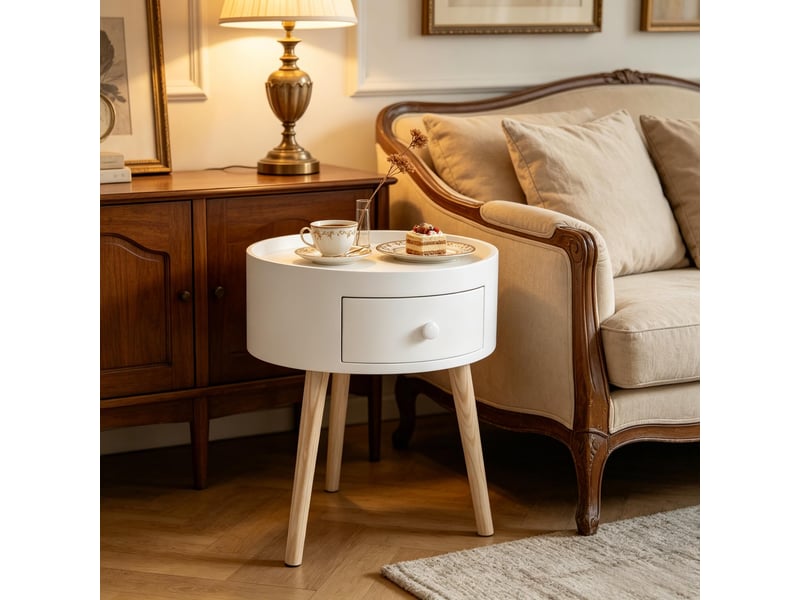  Table d’appoint ronde avec tiroir, meuble de rangement compact, design moderne  - Conforama E