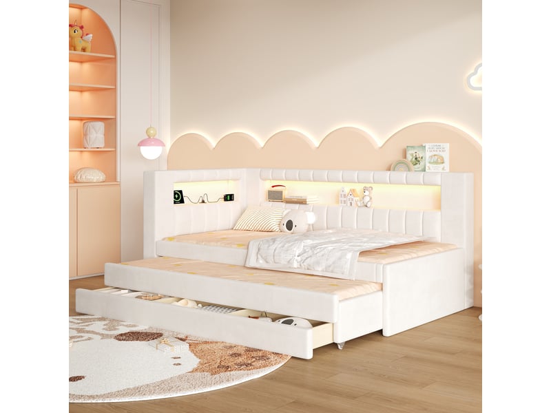  Lit banquette simple 90×200 cm avec lit gigogne, 3 tiroirs, led réglable et usb - okmyhome- blanc, sans matelas  - Conforama C