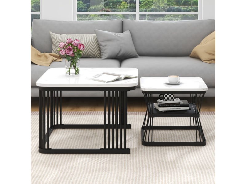  Lot de 2 tables basses gigognes 65x65 cm et 45x45 cm en mdf effet marbre blanc brillant avec pieds en acier noir mat  - Conforama B