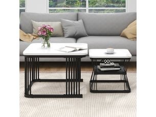 Lot de 2 tables basses gigognes 65x65 cm et 45x45 cm en mdf effet marbre blanc brillant avec pieds en acier noir mat
