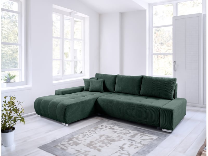  Canapé d'angle convertible velutti l velours côtelé poso vert, méridienne gauche avec coffre  - Conforama B
