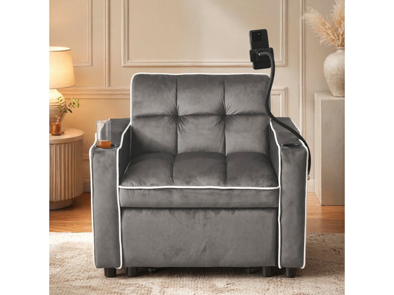 Fauteuil convertible 3-en-1 avec dossier réglable, porte-gobelets et support téléphone, velours gris foncé, 83 × 167 × 76 cm - Conforama B