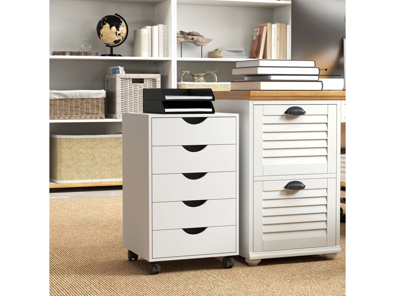  Caisson bureau mobile, meuble rangement sur roulettes avec 5 tiroirs, bois, blanc, 40 x 40 x 67 cm  - Conforama W