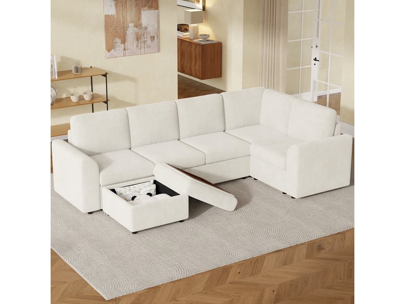 Canapé d'angle 3 places avec fonction couchage et pouf coffre - pieds hauts velours côtelé beige - Conforama D