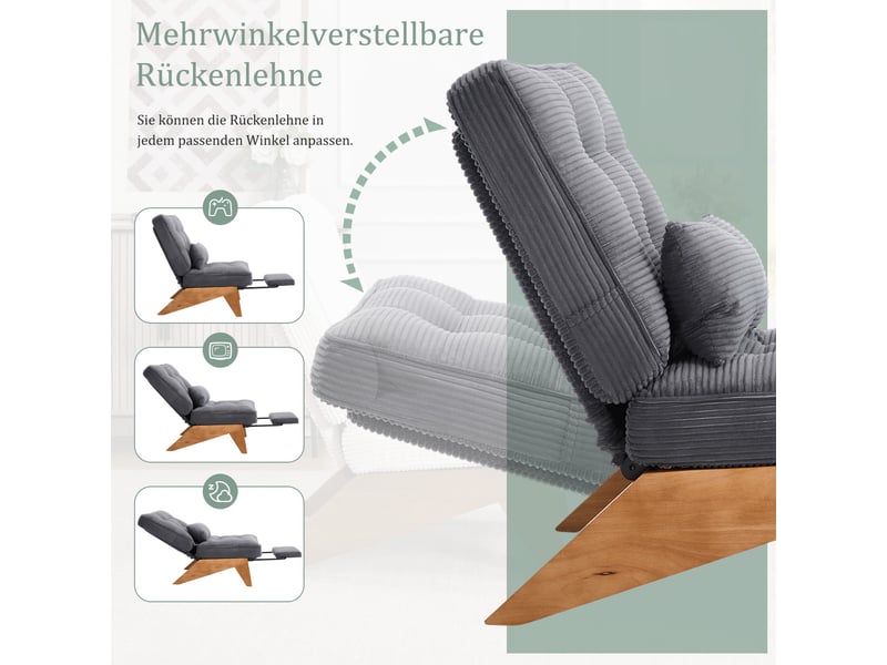  Fauteuil de salon 127x73x90cm – pas d'accoudoirs - avec repose-pieds rétractable, dossier inclinable et coussin lombaire – velours côtelé - gris  - Conforama E