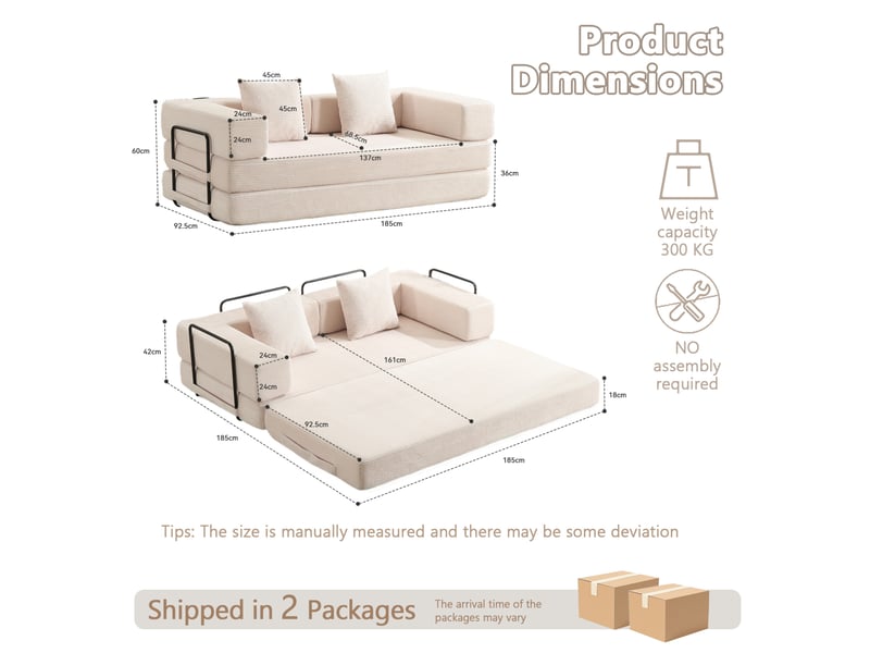  Canapé convertible pliable 185x92,5x60 cm, 2 places, blanc  - Conforama E