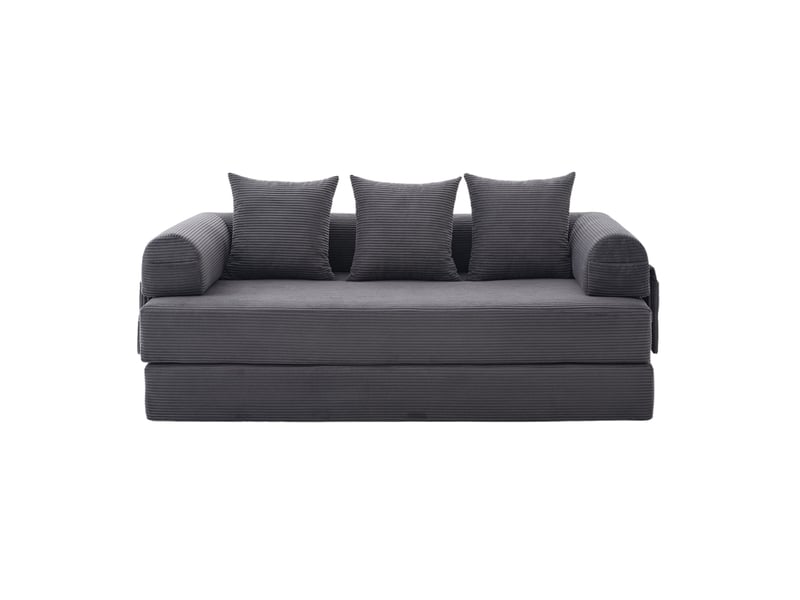  Canapé convertible 200x94x67 cm avec accoudoirs et poches, 3 coussins, structure en métal, velours côtelé, gris foncé  - Conforama A