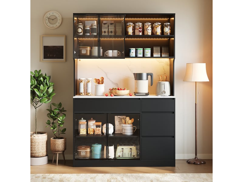 Armoire de cuisine Buffet haut vitrine moderne noir et blanc avec led effet marbre meuble de rangement salon salle à manger mdf - Conforama B