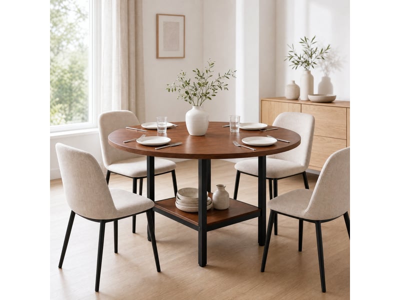  Table de salle à manger ronde, 100x100x77 cm, moderne espace de rangement, plateau mdf, piètement métal, coloris noyer  - Conforama B