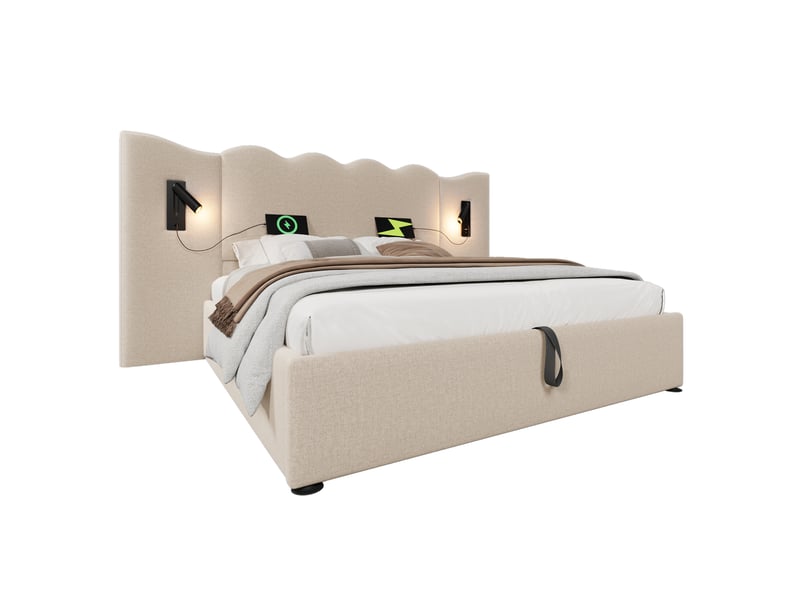  Lit coffre 160×200cm, lit double, lampe pivotante à 360°, tête de lit, métal, bois, lin, beige, matelas inclus  - Conforama A