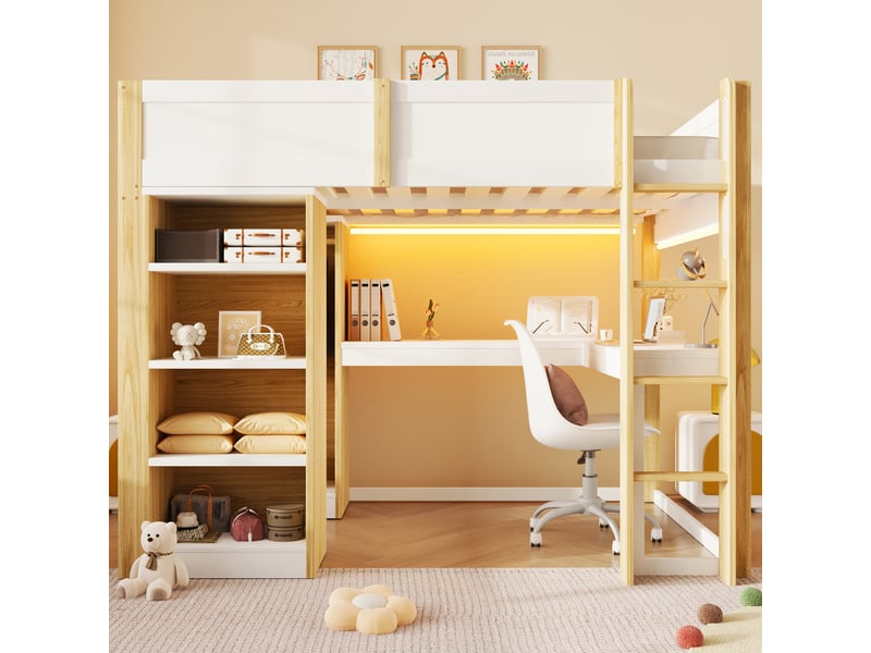 Lit mezzanine 140 x 200 cm avec bureau en l, armoire ouverte et 4 étagères, rangements hauts avec led et station de charge, en bois blanc et naturel - Conforama C