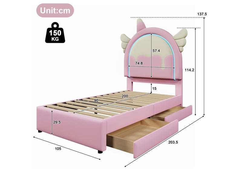  Lit enfant 90x200cm,lit avec rangement en pu avec 2 tiroirs et bande lumineuse,en forme de licorne,rose lit enfant rose - Conforama C