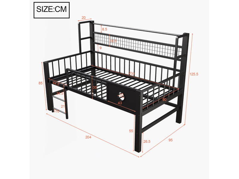  Lit mezzanine 90x200 cm avec rangement et tringle en métal noir  - Conforama E