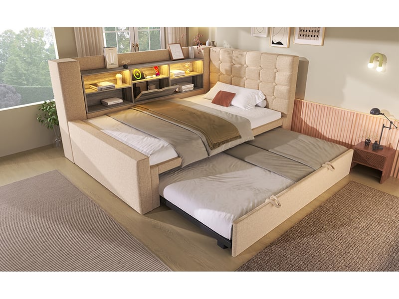  Lit gigogne 90x200 cm avec led et ports de charge en lin beige  - Conforama B