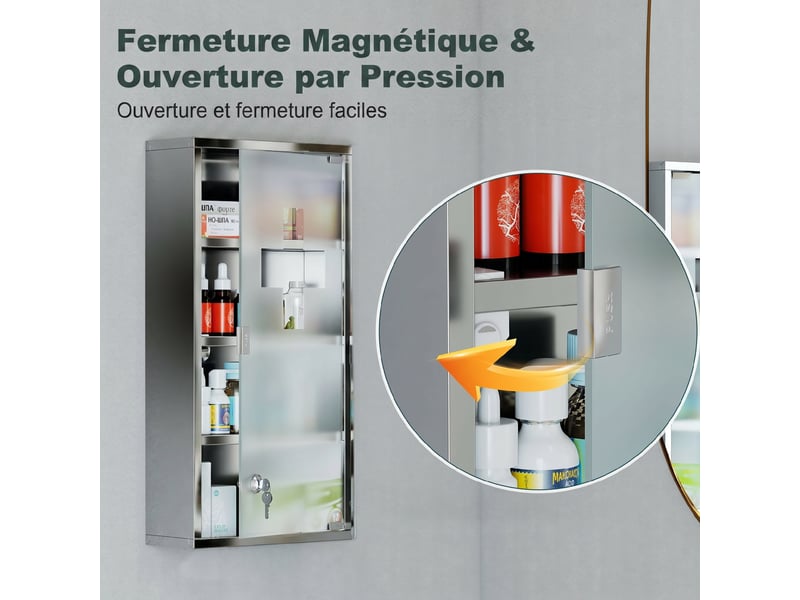 Armoire à pharmacie 3 étagères 4 niveaux 30l x 12l x 60h cm porte verre trempé symbole croix acier brossé inoxydable - Conforama A
