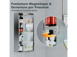 Armoire à pharmacie 3 étagères 4 niveaux 30l x 12l x 60h cm porte verre trempé symbole croix acier brossé inoxydable