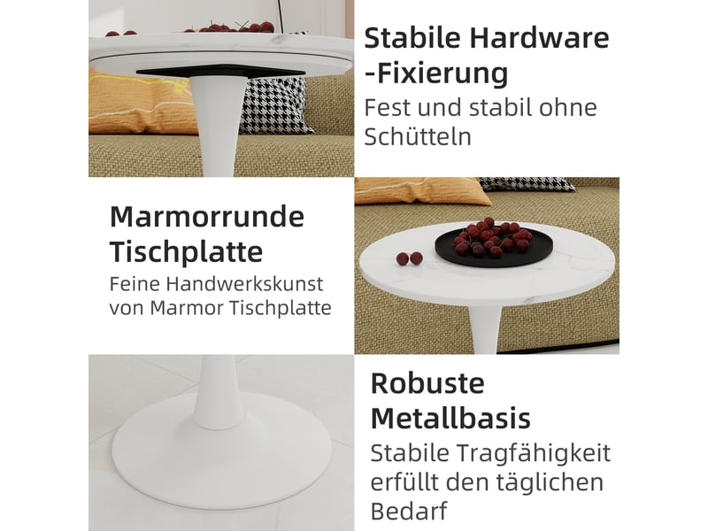  Table basse ronde en marbre artificiel blanc, avec pieds hauts, pour le salon ou un espace détente  - Conforama E