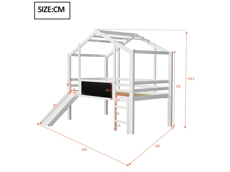  Lit mezzanine enfant 90x200 cm avec toboggan, échelle et tableau, blanc  - Conforama E