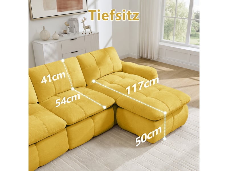  Canapé d’angle modulable 4 places en chenille jaune – 334 x 160 x 68 cm Fay Lum - Conforama E