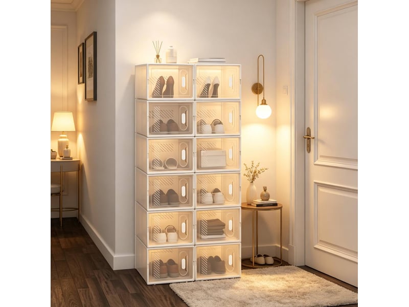  Meuble à chaussures avec 12 boîtes empilables transparentes et portes frontales pour chambre, 25 × 35,5 × 18,5 cm  - Conforama D