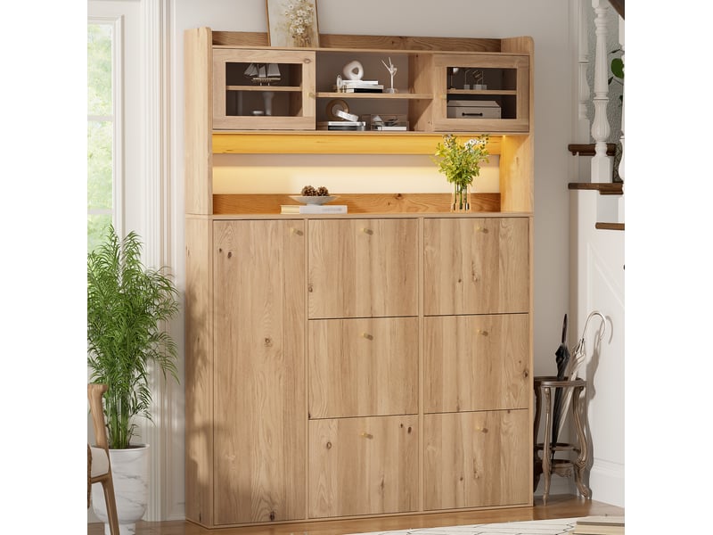  Meuble à chaussures ulevr avec 6 compartiments abattants, led et verre, 130 x 25 x 180 cm, panneau de particules naturel  - Conforama D