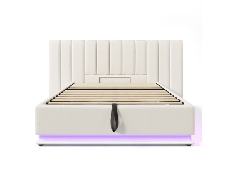Lit double, 160×200 cm, avec coffre de rangement, éclairage led et port de charge, revêtement pu, blanc - Conforama A