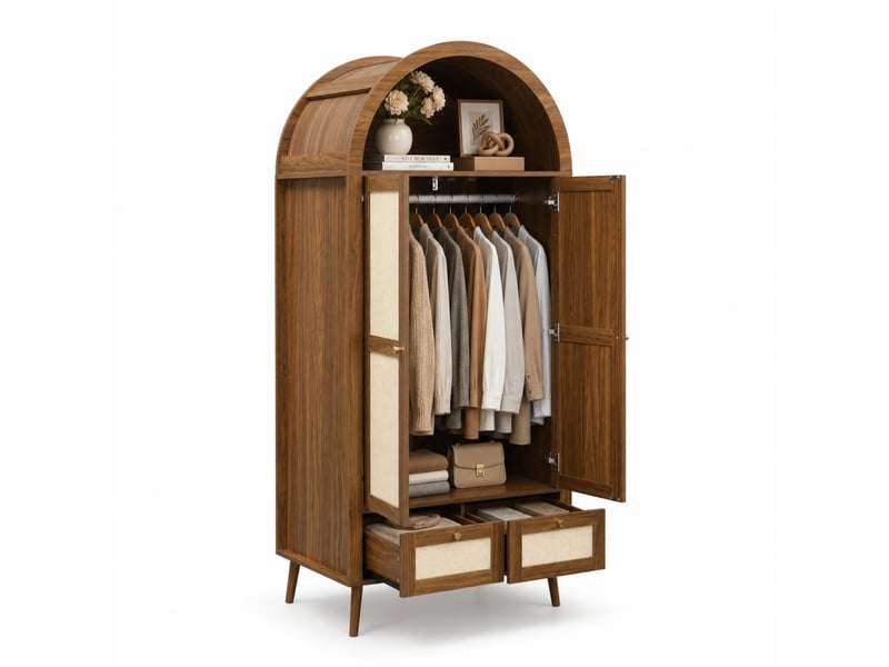  Armoire 2 portes modenvie 80 x 55 x 180 cm avec 2 tiroirs, penderie et niche ouverte, mdf noyer et beige  - Conforama A