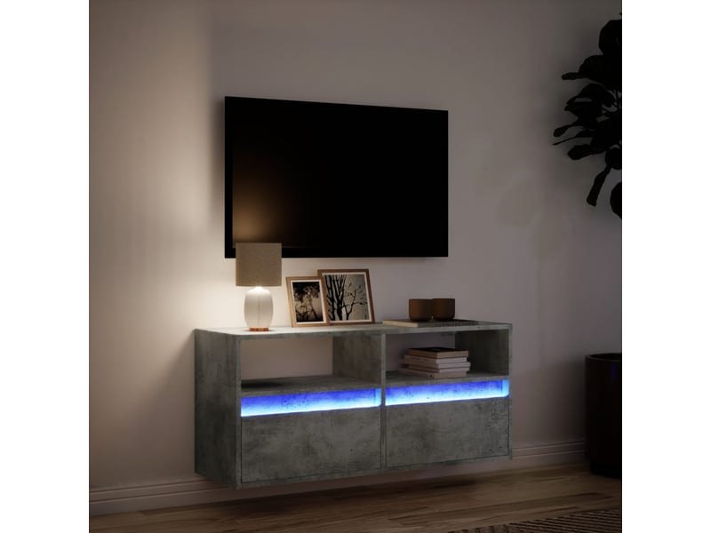  Meuble tv - banc tv - meuble de rangement mural avec lumières led gris béton 100x31x45 cm  - Conforama E