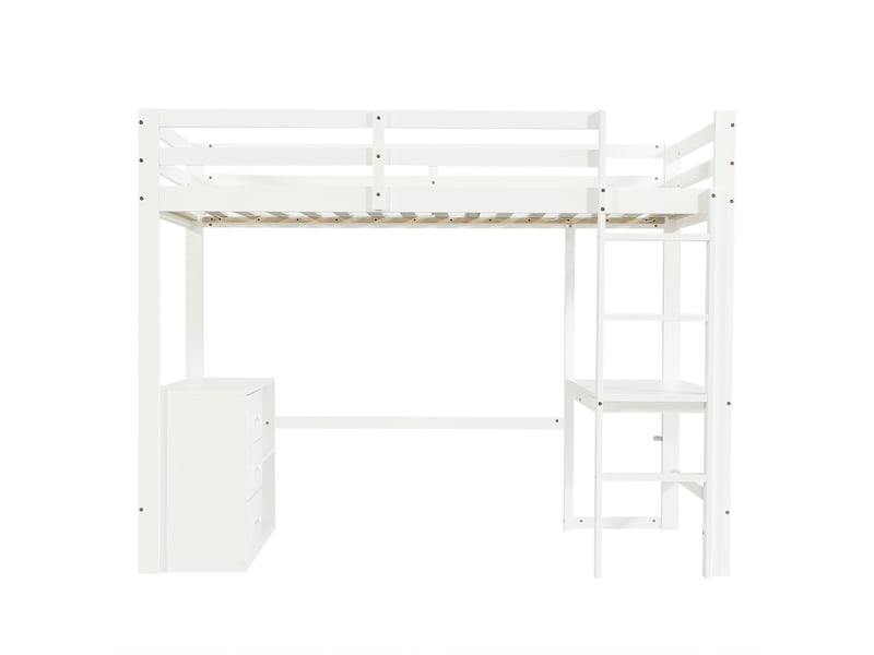  Lit mezzanine enfant 90x200 cm avec bureau, armoire à tiroirs et étagère, pin et mdf blanc  - Conforama R
