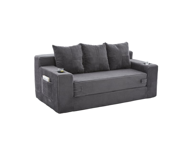  Canapé trois places avec porte-gobelets et poches latérales, design sans cadre, larges assises - gris  - Conforama A