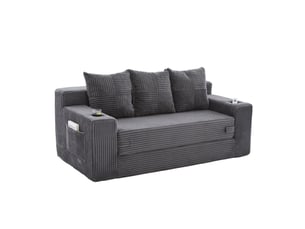 Canapé trois places avec porte-gobelets et poches latérales, design sans cadre, larges assises - gris