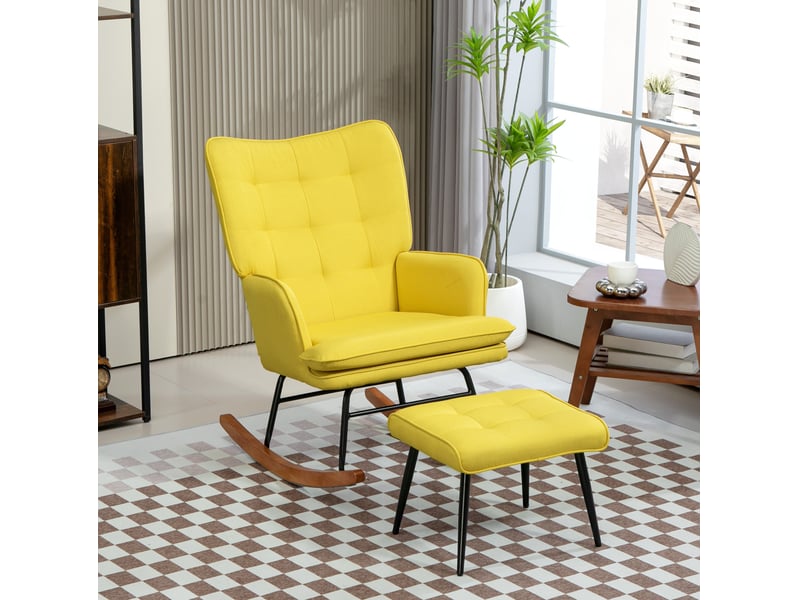  Fauteuil à bascule avec repose-pieds, dossier haut rembourré et accoudoirs, structure en bois et acier, en polyester jaune  - Conforama B