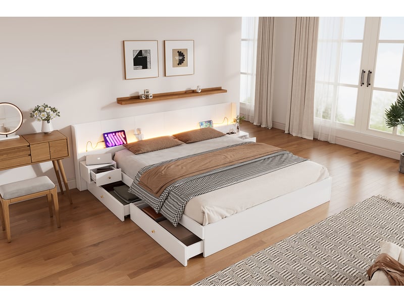  Lit double 180x200 avec led et port usb - blanc avec tiroirs de rangement et 2 chevets  - Conforama R