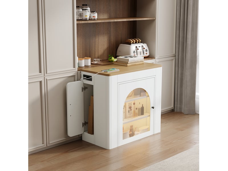  Îlot de cuisine extensible à roulettes avec prises usb et type-c, blanc naturel  - Conforama E
