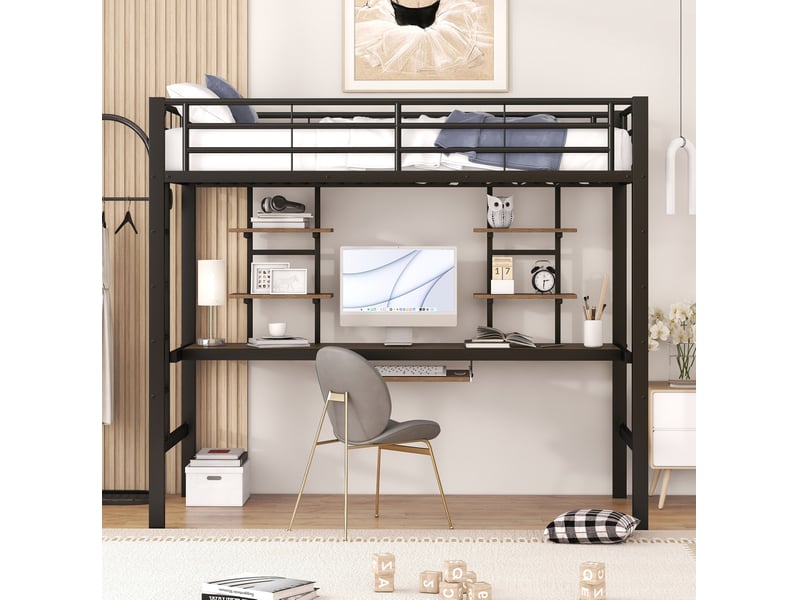  Lit mezzanine 90x200 cm avec bureau et 2 étagères métal noir  - Conforama E